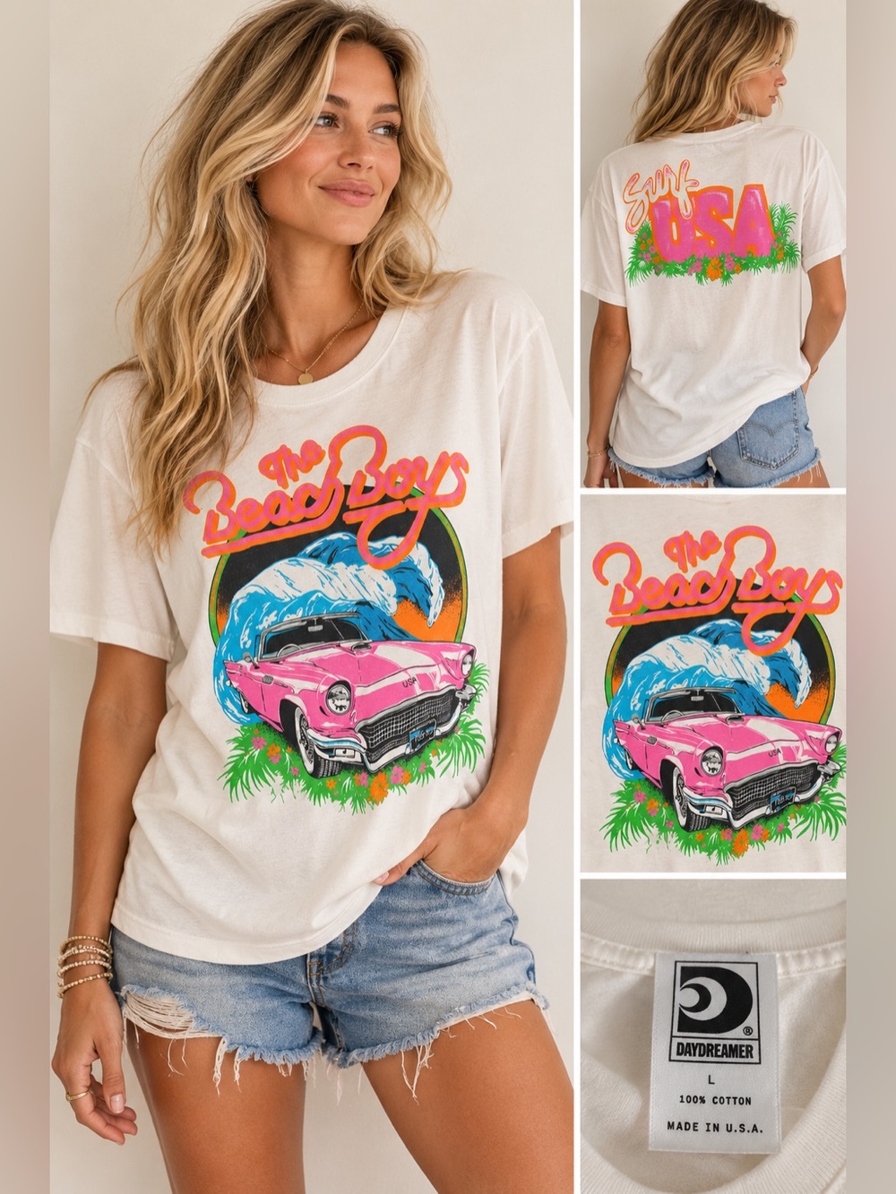 Daydreamer White Graphic Tee with Pink Car and Neon Surf Print